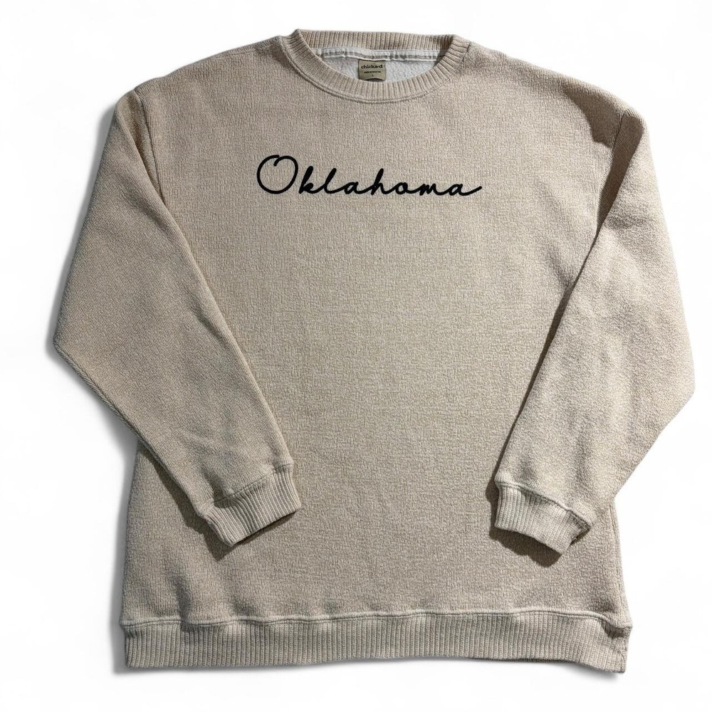 Chicka-d Oklahoma Crewneck Sweatshirt Womens Large Cream Tan Preppy Pullover